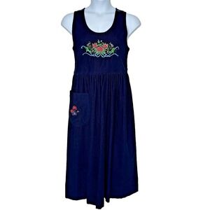 Vtg Dogwood Lane Jumper Dress Navy Blue Floral Embroidered Corduroy Medium